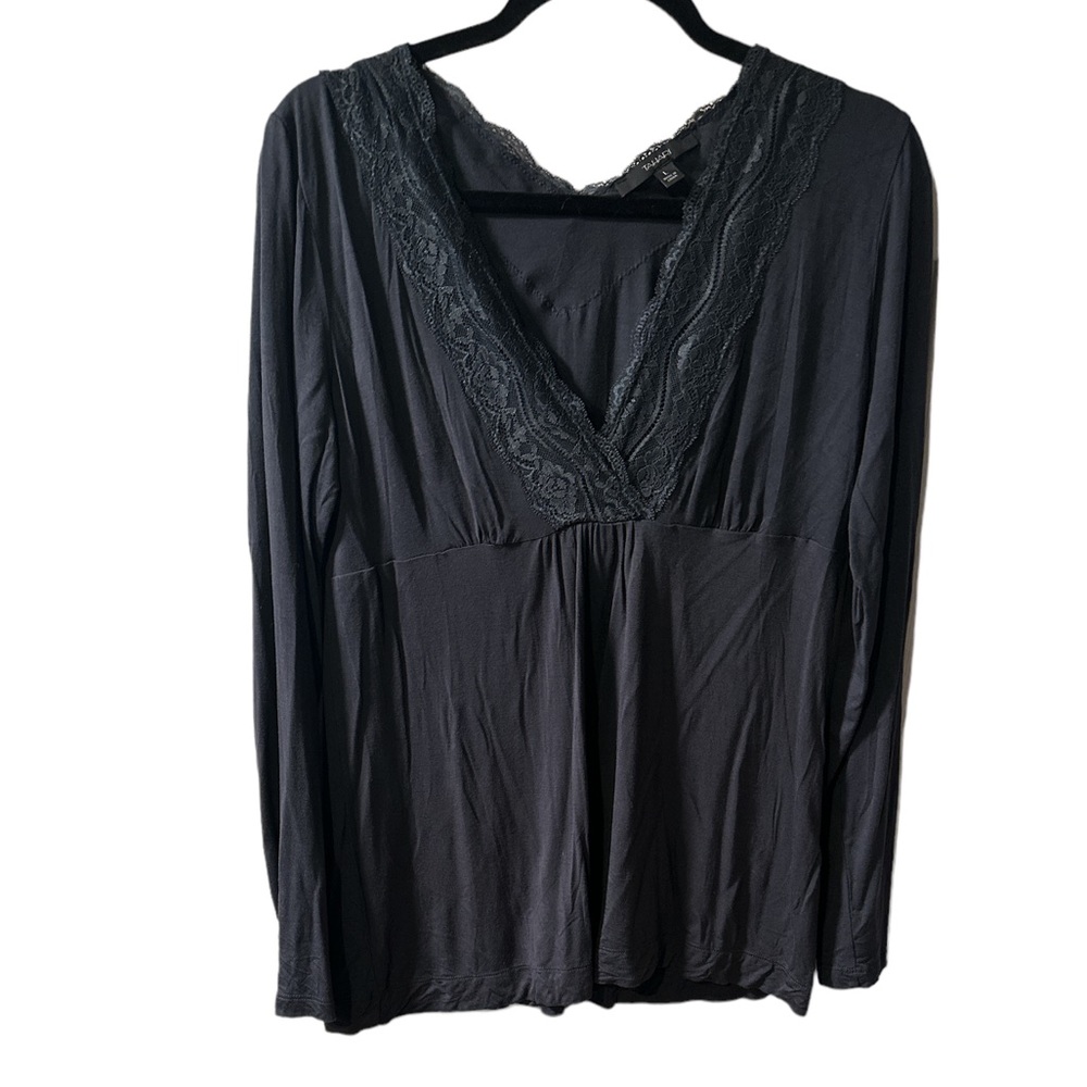 Tahari lace front light weight flowy blouse long sleeve Sz L EUC